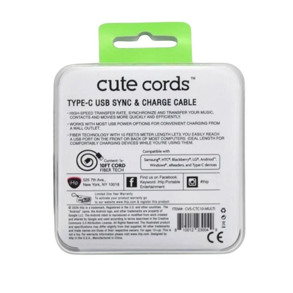 iHip Cute Braided 10ft Type-C USB Sync Charge Cable High Speed